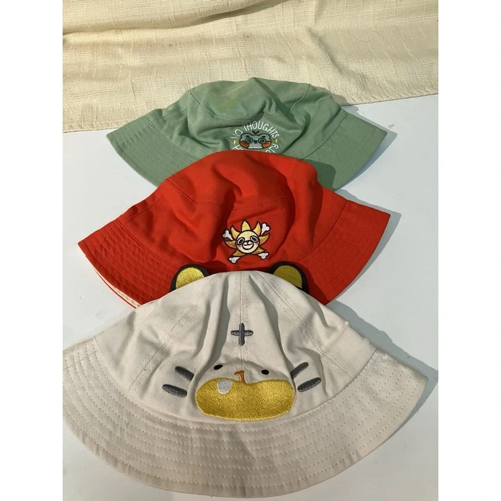 Girls Cartoon Embroidered Cotton Bucket Hats Set - Green, Red, Beige, Breathable